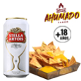 Nachos ahumados con queso + 1 Lata Stella Artois 473cc. Prohibida su venta a menores de 18 años. Ley 24.788 / presentar DNI